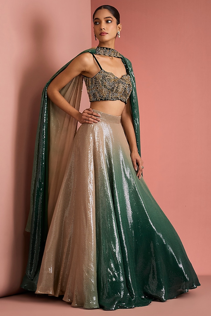 Dark Green-Beige Ombre Viscose Georgette Sequin Wedding Lehenga Set by Milu Madan at Pernia's Pop Up Shop