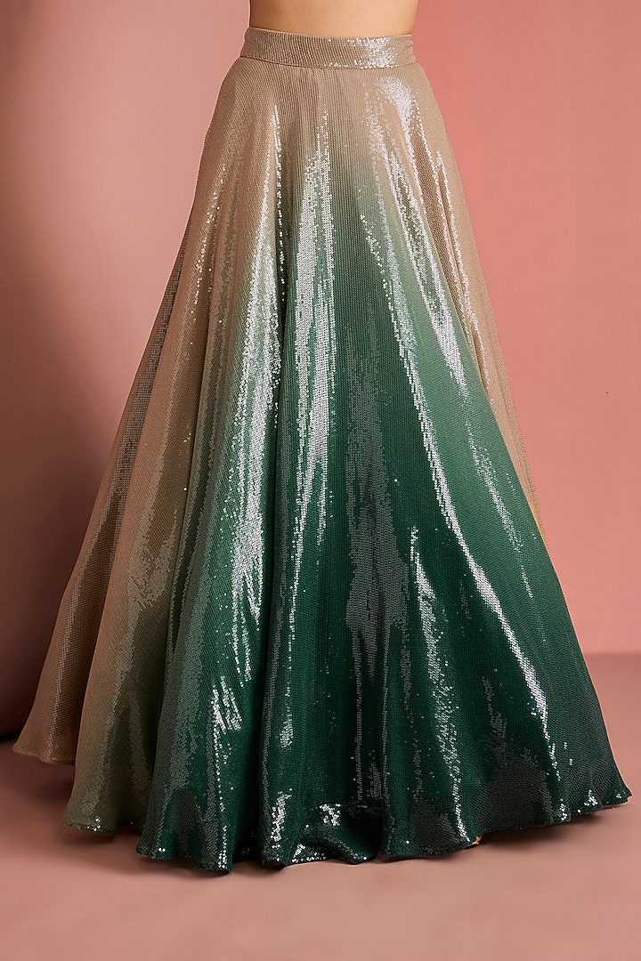Dark Green-Beige Ombre Viscose Georgette Sequin Wedding Lehenga Set by Milu Madan at Pernia's Pop Up Shop