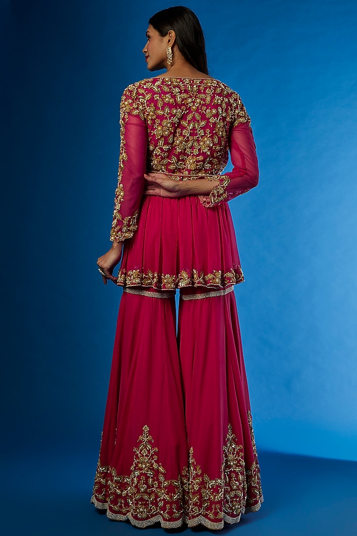 Red Georgette Embroidered Bridal Sharara Set by Malasa at Pernia's Pop Up Shop