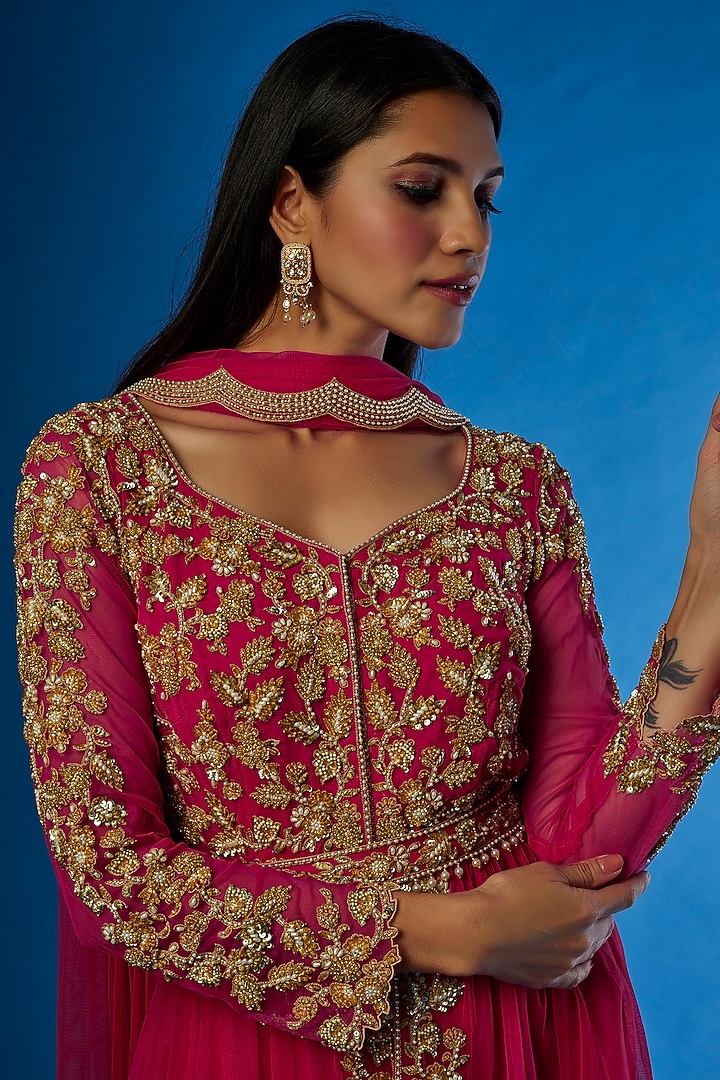 Red Georgette Embroidered Bridal Sharara Set by Malasa at Pernia's Pop Up Shop