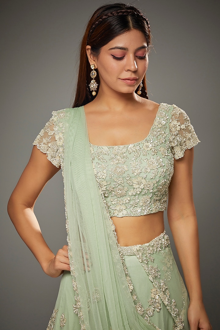 Mint Green Georgette Embroidered Bridal Lehenga Set by Malasa at Pernia's Pop Up Shop