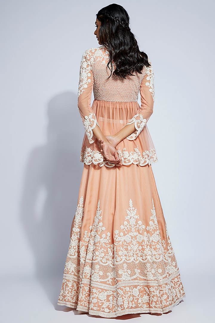 Peach Organza Pearl Embroidered Bridal Lehenga Set by Malasa at Pernia's Pop Up Shop