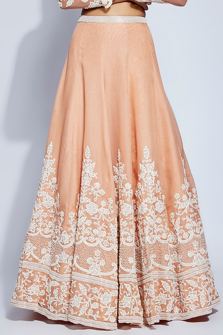 Peach Organza Pearl Embroidered Bridal Lehenga Set by Malasa at Pernia's Pop Up Shop