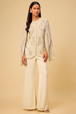 Cream Georgette Cutdana Work Jacket Set by Malasa