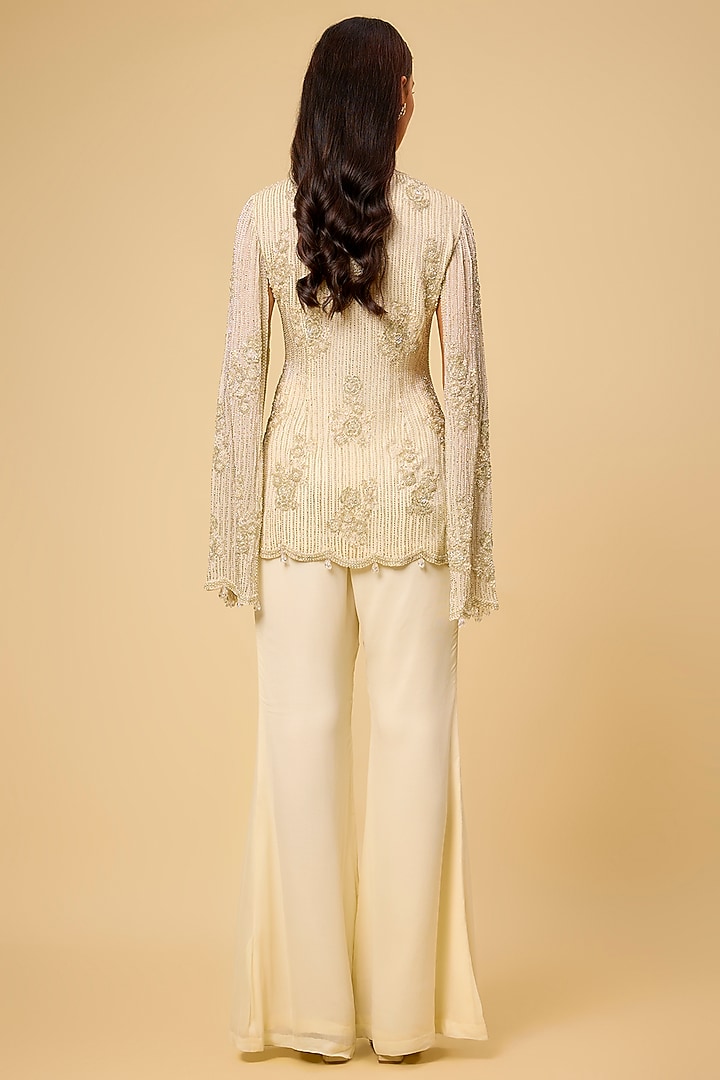 Cream Georgette Cutdana Work Jacket Set by Malasa at Pernia's Pop Up Shop