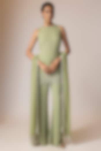 Sage Green Georgette Pearl Embroidered Bridal Sharara Set by Malasa at Pernia's Pop Up Shop