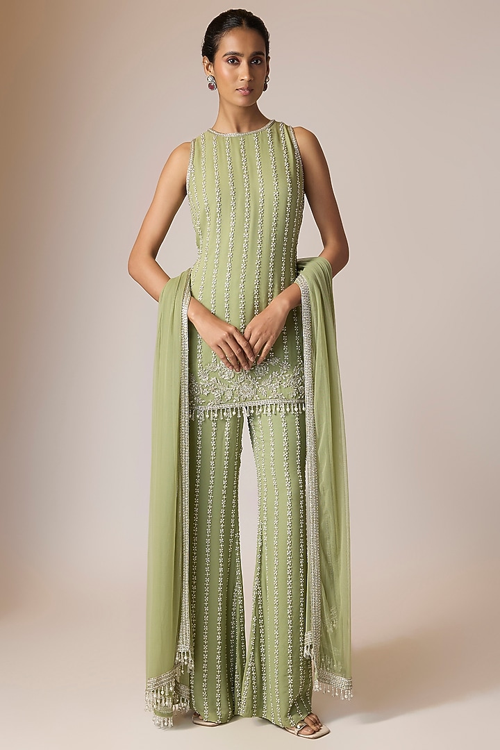 Sage Green Georgette Pearl Embroidered Bridal Sharara Set by Malasa at Pernia's Pop Up Shop