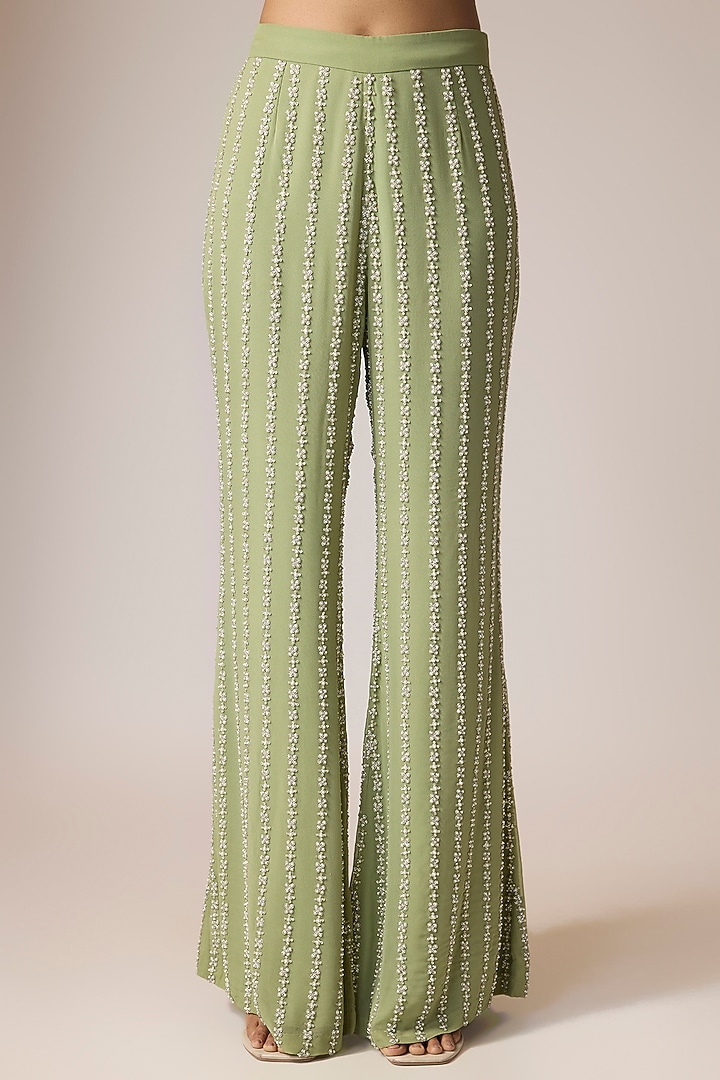 Sage Green Georgette Pearl Embroidered Bridal Sharara Set by Malasa at Pernia's Pop Up Shop
