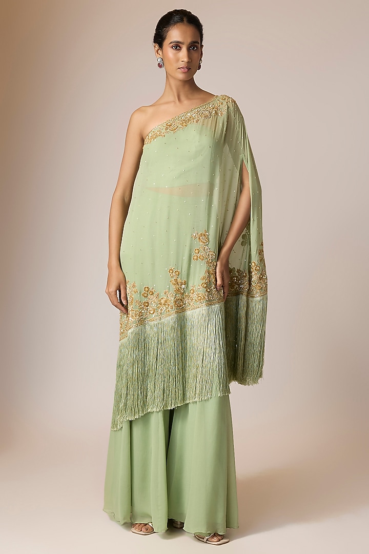 Sage Green Georgette Embroidered Cape Set by Malasa at Pernia's Pop Up Shop