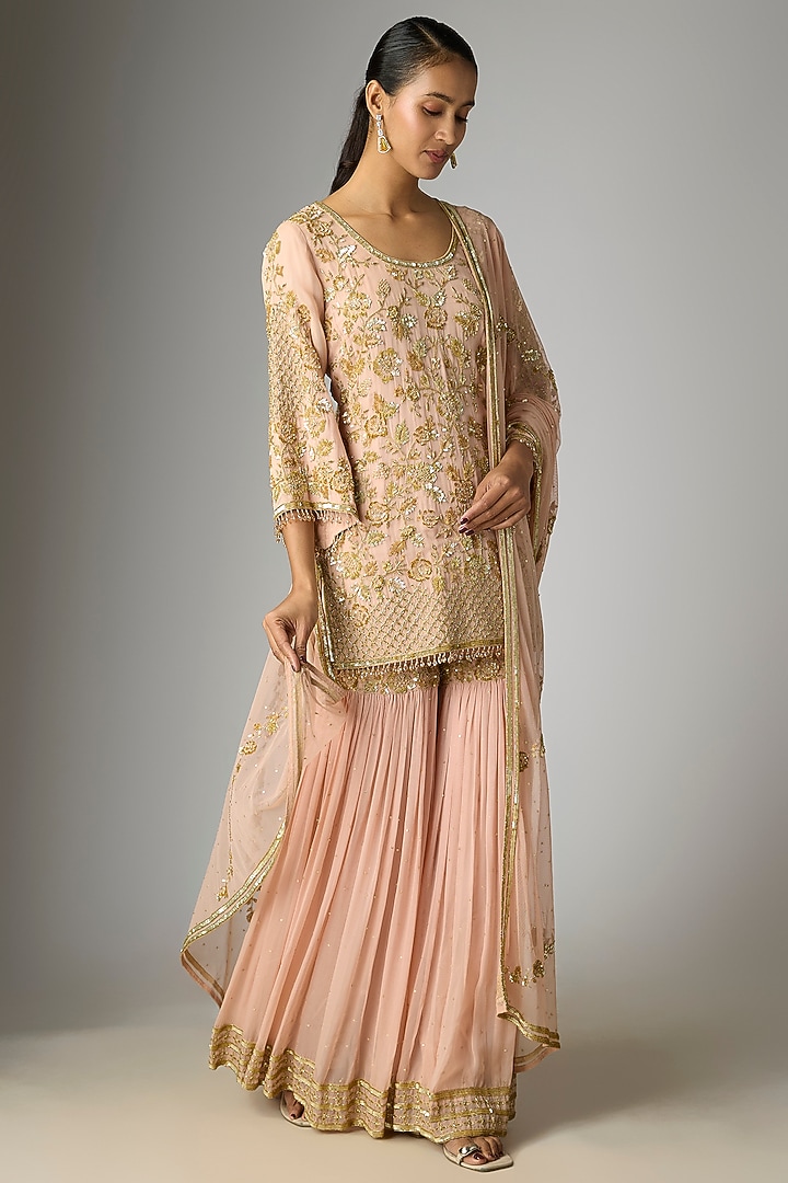 Pink Georgette Cutdana Work Bridal Sharara Set by Malasa at Pernia's Pop Up Shop