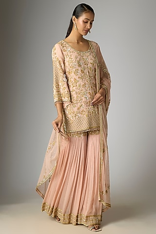 Pink Georgette Cutdana Work Sharara Set by Malasa