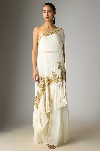Cream Georgette Cutdana Work Sharara Set by Malasa