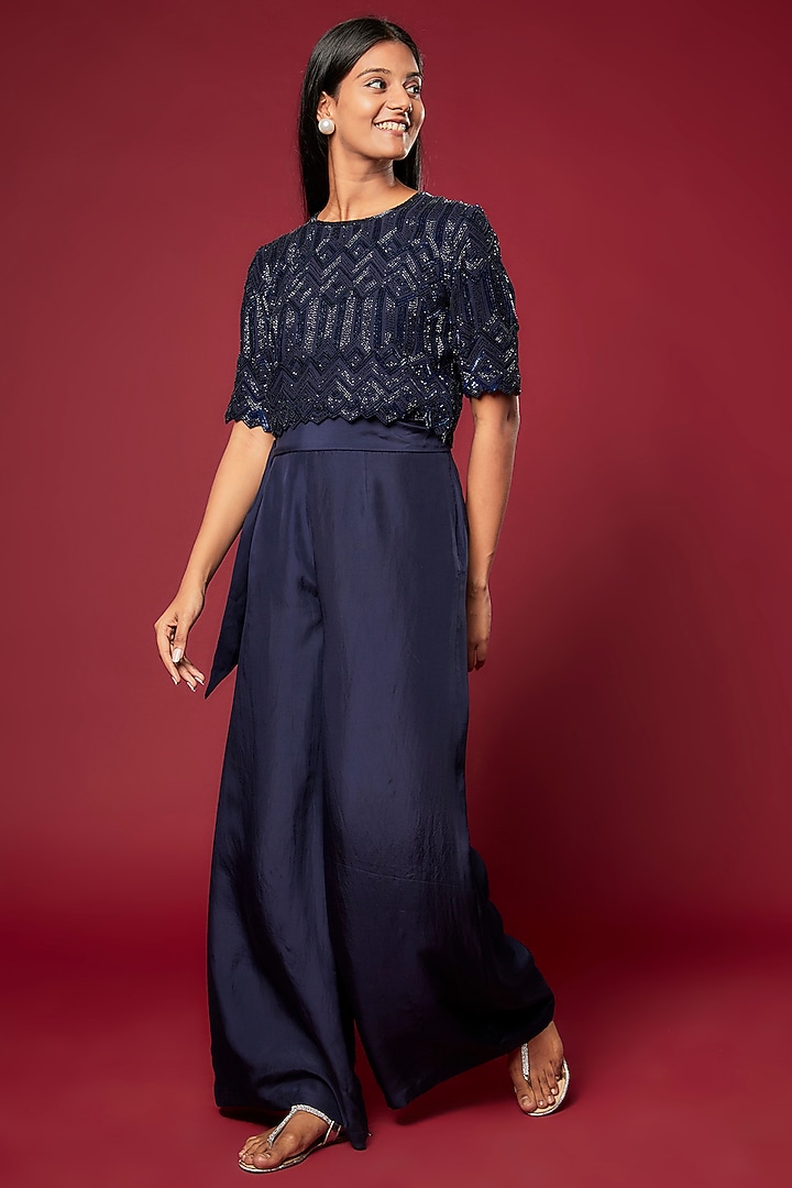 Blue Silk Satin Pant Set by Malasa at Pernia's Pop Up Shop