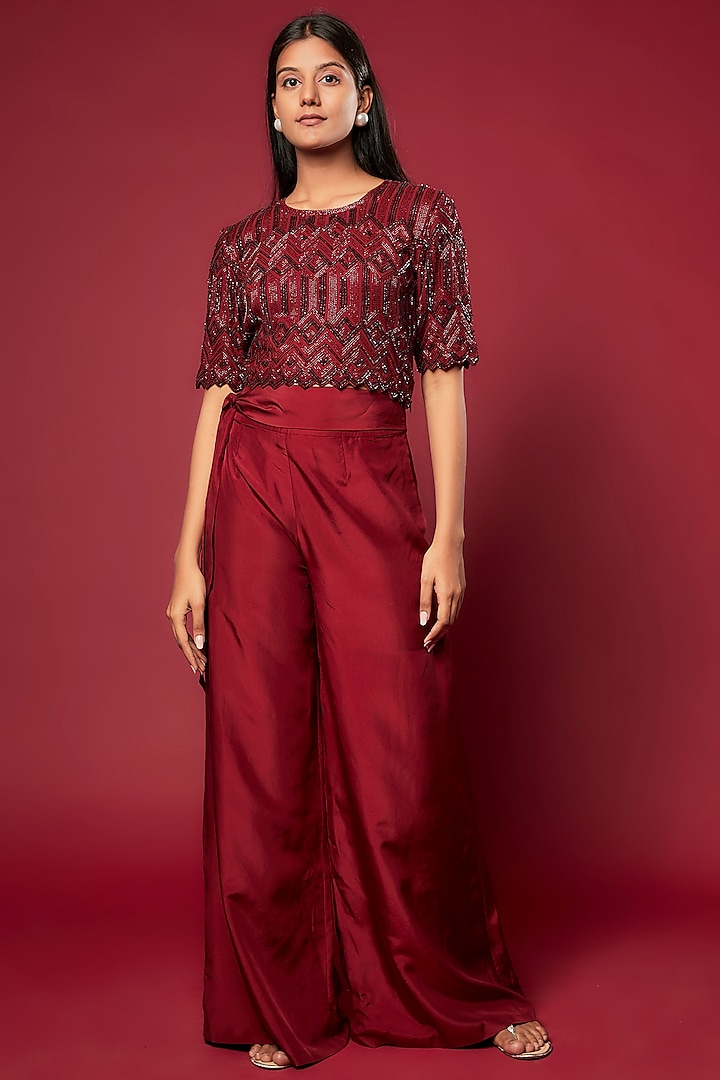 Red Silk Satin Pant Set Design by Malasa at Pernia's Pop Up Shop 2024