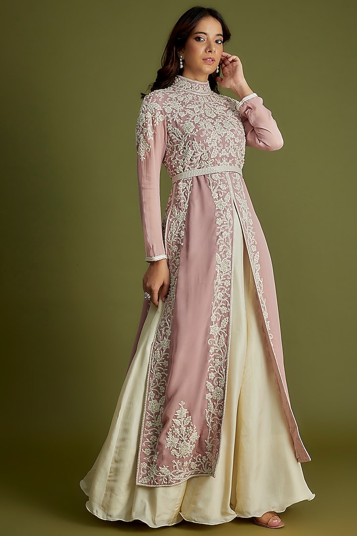 Light Pink Georgette Hand Embroidered Kurta Set by Malasa