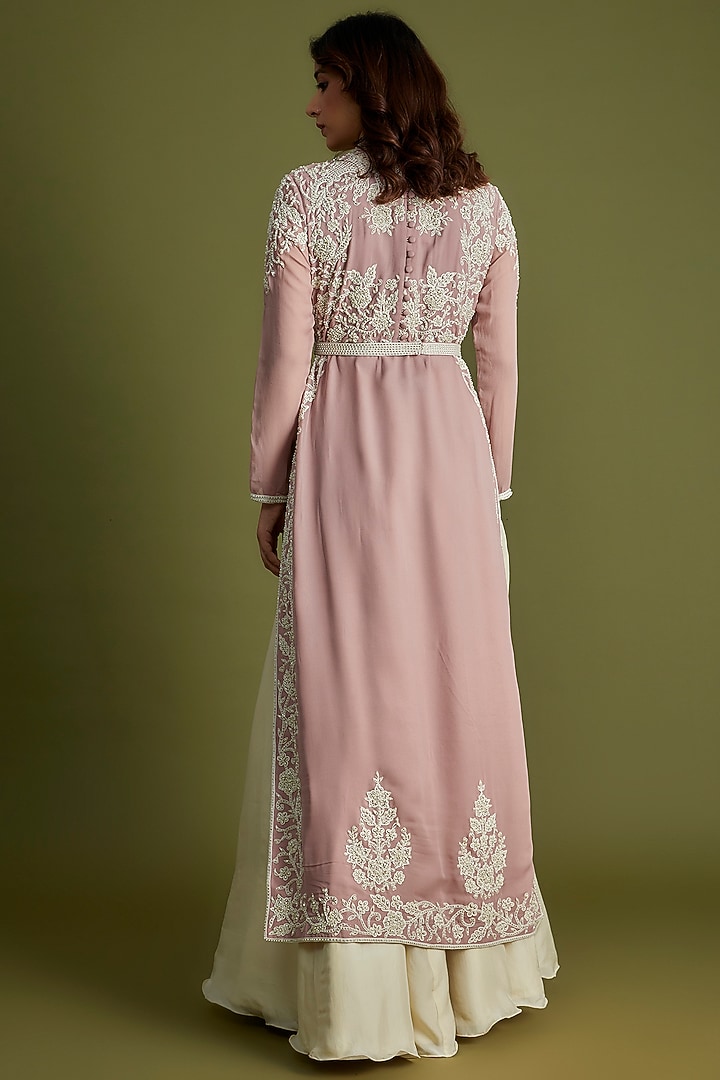 subtle pink poly georgette printed kurta set