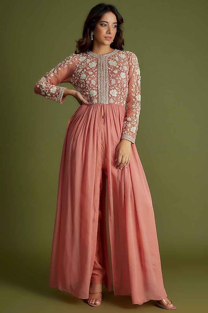 Blush Pink Georgette Embroidered Kurta Set by Malasa at Pernia's Pop Up Shop