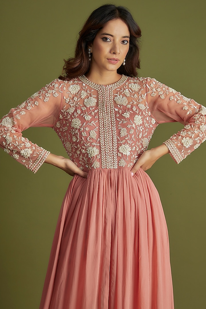Blush Pink Georgette Embroidered Kurta Set by Malasa at Pernia's Pop Up Shop