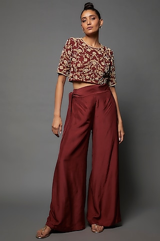 Red Silk Satin Pant Set by Malasa
