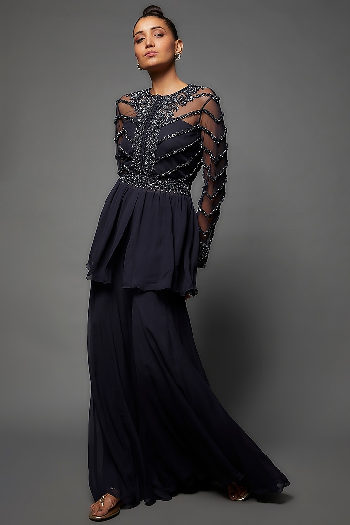 Navy Blue Georgette Wedding Sharara Set by Malasa at Pernia's Pop Up Shop