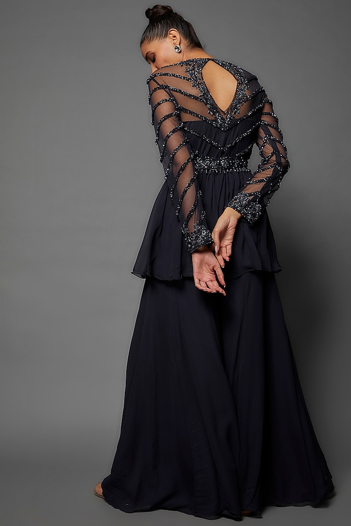 Navy Blue Georgette Wedding Sharara Set by Malasa at Pernia's Pop Up Shop