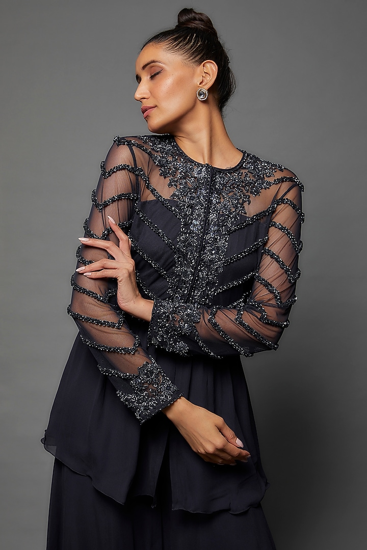 Navy Blue Georgette Wedding Sharara Set by Malasa at Pernia's Pop Up Shop