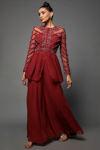 Red Georgette Sharara Set by malasa