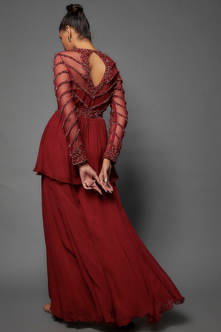 Red Georgette Wedding Sharara Set by Malasa at Pernia's Pop Up Shop