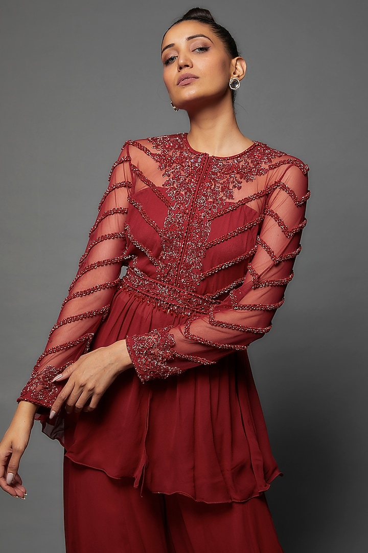 Red Georgette Wedding Sharara Set by Malasa at Pernia's Pop Up Shop
