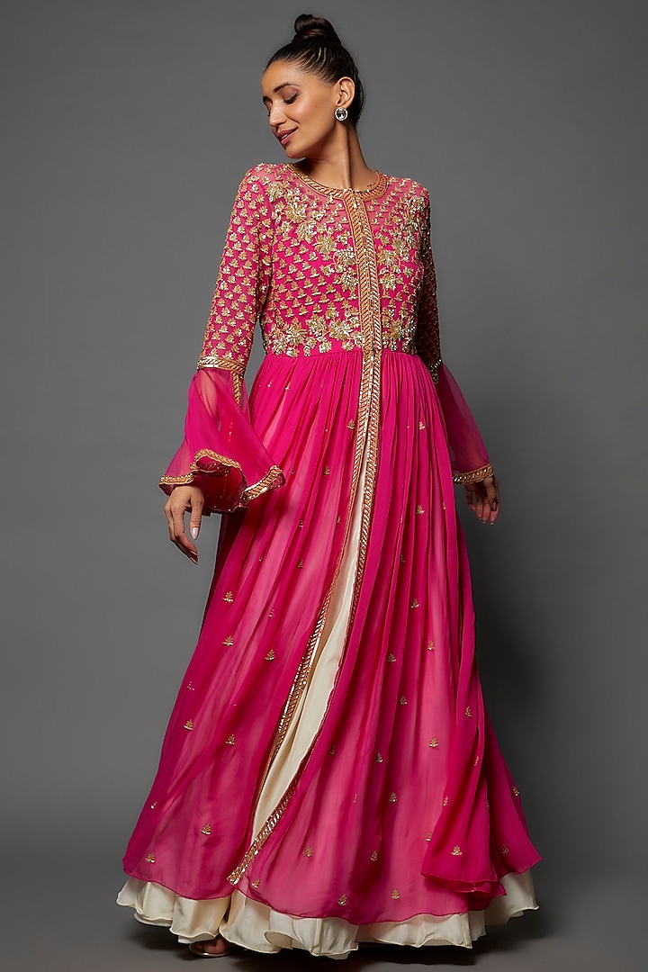 Pink Georgette Embroidered Kurta Set by Malasa