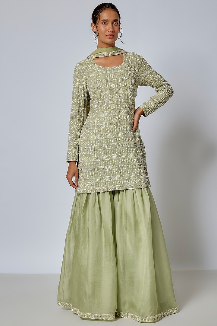 Sage Green Organza Sharara Set by Malasa at Pernia's Pop Up Shop