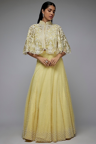 Yellow Net Pearl Work Jacket Lehenga Set by Malasa