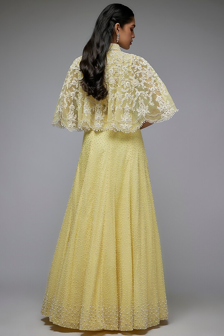 Yellow Net Pearl Work Jacket Wedding Lehenga Set by Malasa at Pernia's Pop Up Shop