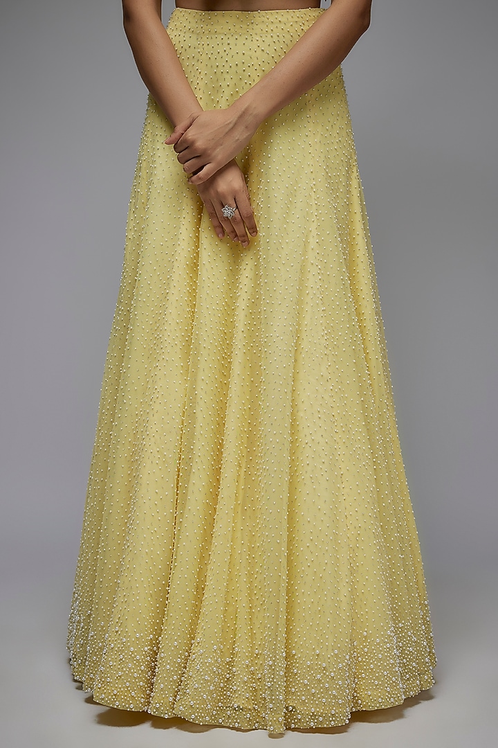 Yellow Net Pearl Work Jacket Wedding Lehenga Set by Malasa at Pernia's Pop Up Shop