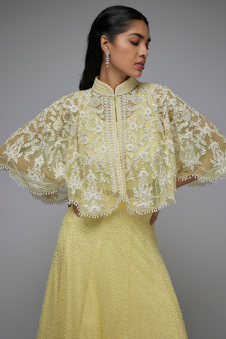 Yellow Net Pearl Work Jacket Wedding Lehenga Set by Malasa at Pernia's Pop Up Shop