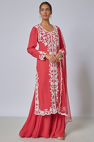 Coral Georgette Cutdana & Pearl Work Jacket Set by Malasa
