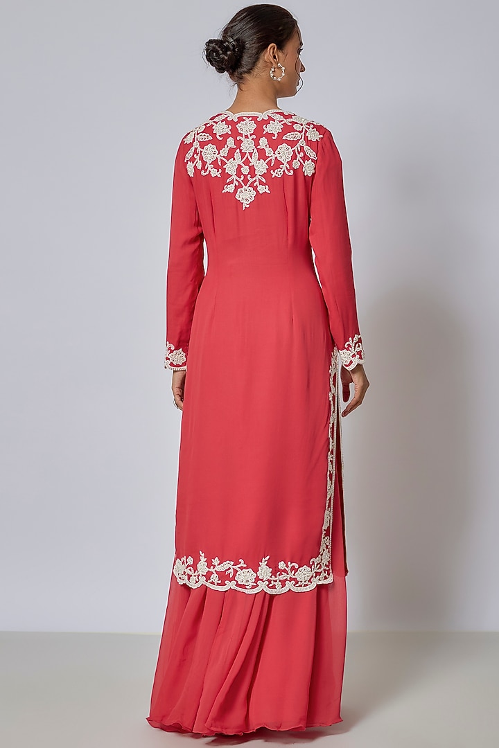 Coral Georgette Cutdana & Pearl Work Jacket Set by Malasa at Pernia's Pop Up Shop