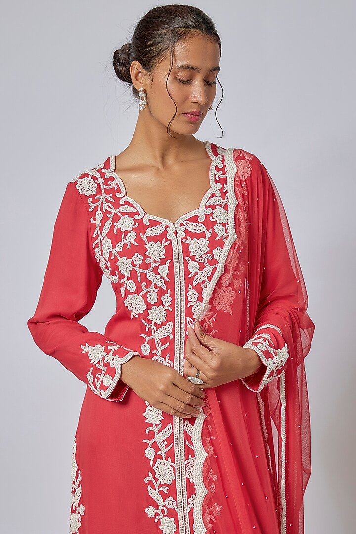 Coral Georgette Cutdana & Pearl Work Jacket Set by Malasa at Pernia's Pop Up Shop