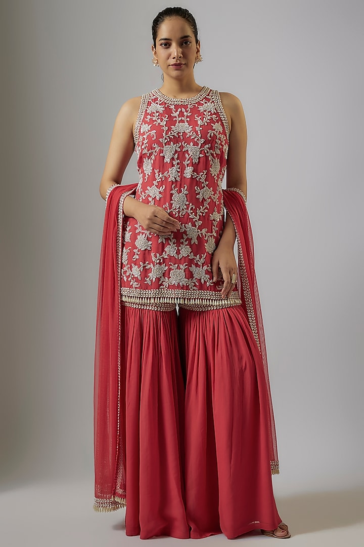 Coral Georgette Sharara Set by Malasa at Pernia's Pop Up Shop