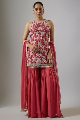 Coral Georgette Sharara Set by Malasa