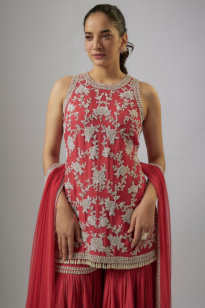 Coral Georgette Wedding Sharara Set by Malasa at Pernia's Pop Up Shop
