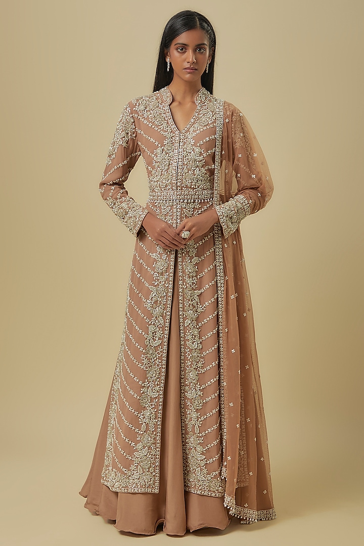 Champagne Georgette Cutdana Work Jacket Set by Malasa at Pernia's Pop Up Shop