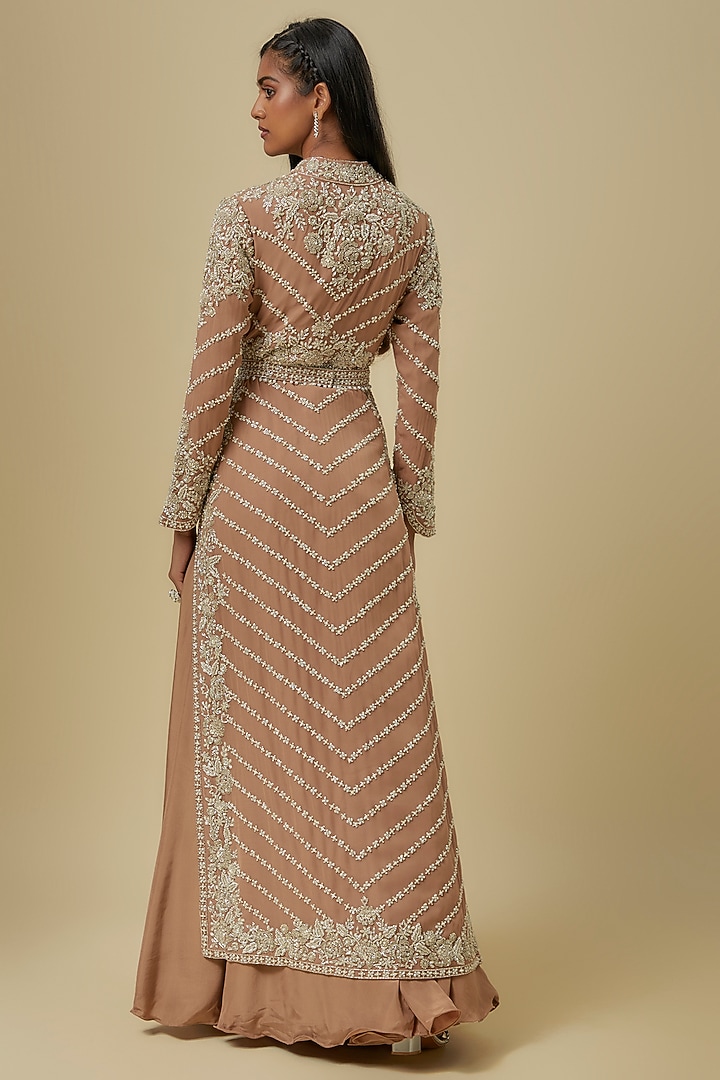 Champagne Georgette Cutdana Work Jacket Set by Malasa at Pernia's Pop Up Shop