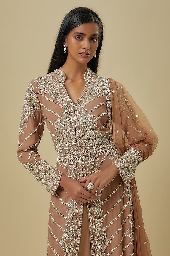 Champagne Georgette Cutdana Work Jacket Set by Malasa at Pernia's Pop Up Shop