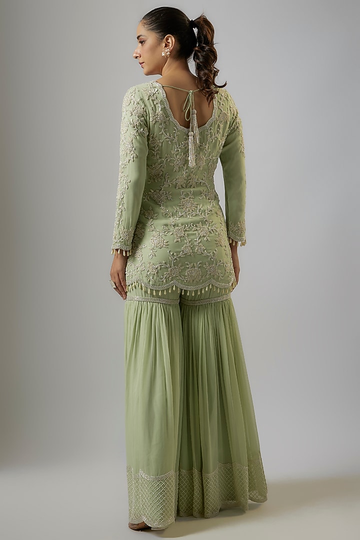 Green Georgette Bridal Sharara Set by Malasa at Pernia's Pop Up Shop
