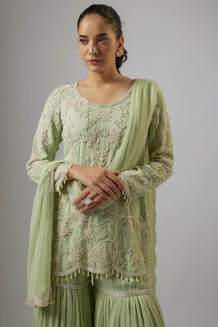 Green Georgette Bridal Sharara Set by Malasa at Pernia's Pop Up Shop