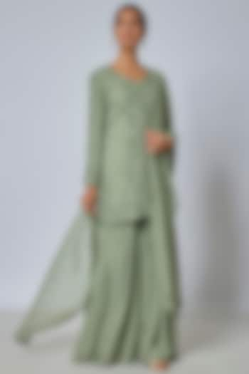 Green Georgette Sharara Set by Malasa at Pernia's Pop Up Shop