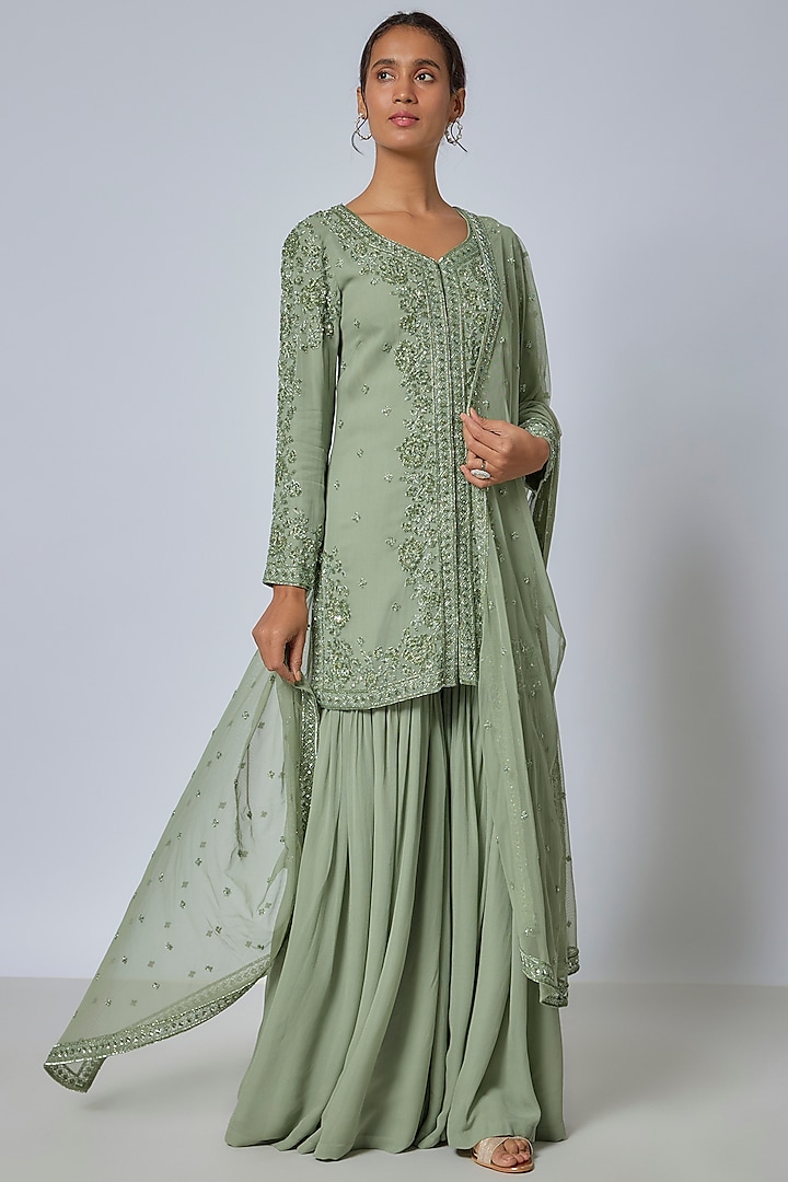 Green Georgette Sharara Set by Malasa at Pernia's Pop Up Shop