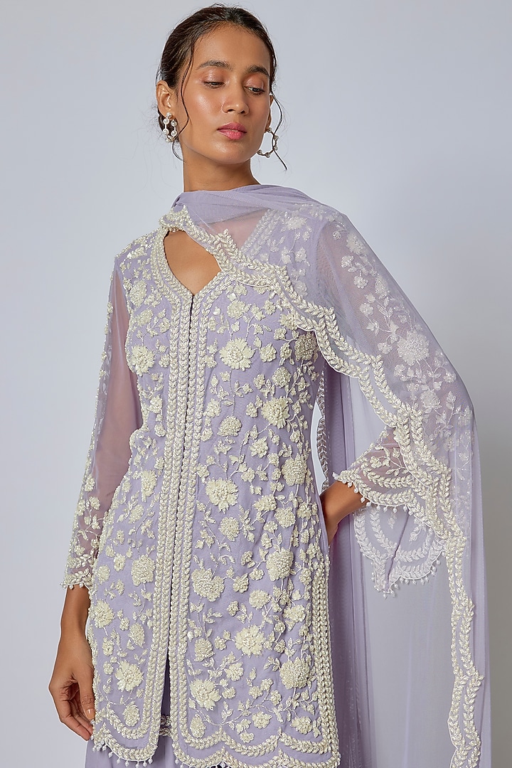 Lilac Georgette Cutdana & Pearl Work Bridal Sharara Set by Malasa at Pernia's Pop Up Shop