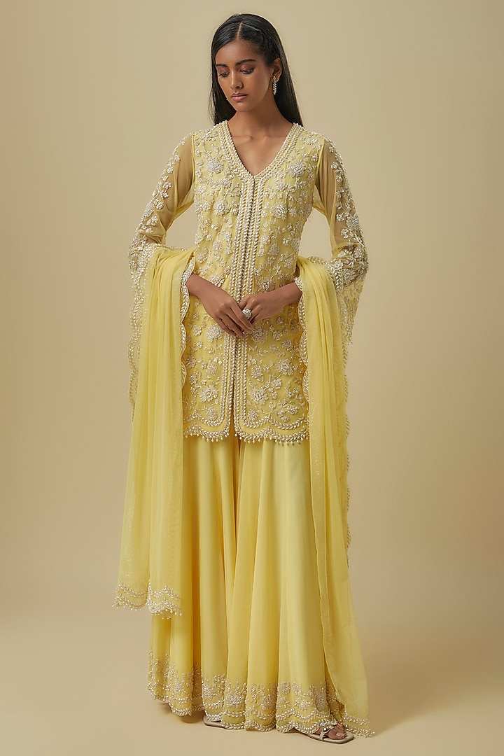 Yellow Georgette Pearl Work Bridal Sharara Set by Malasa at Pernia's Pop Up Shop